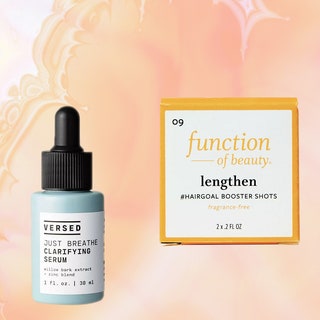 Versed serum, Function of Beauty booster, Honest Beauty eye shadow palette on pink background