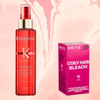 Drybar, Kerastase, Brite hair products on light pink background