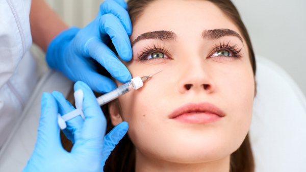 Photo of woman getting injected with filler in the undereye area on her face by a doctor wearing gloves
